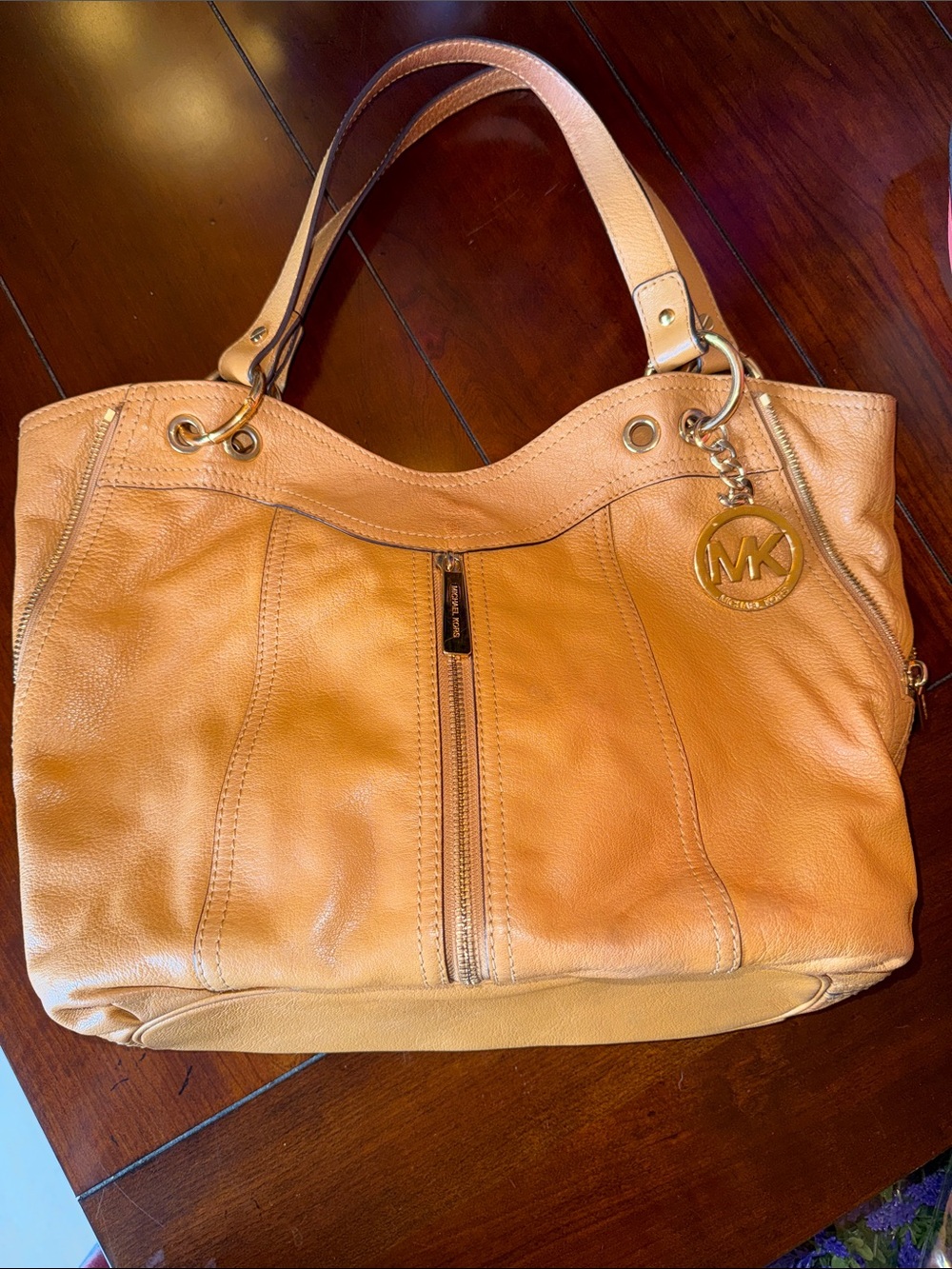 Michael Kors Camel Leather Shoulder Bag with Gold MK Charm